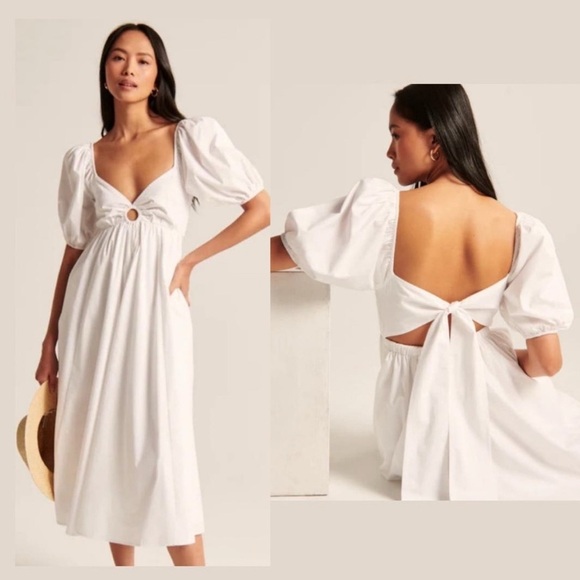 Abercrombie & Fitch Dresses & Skirts - Abercrombie & Fitch White Puff Sleeve Open Tie Back Midi Dress Womens